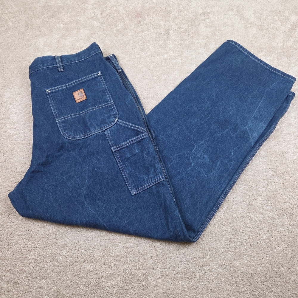 Mens Carhartt Loose Fit Carpenter Dungaree Blue Jeans Dark Denim 40x34 B13 DST